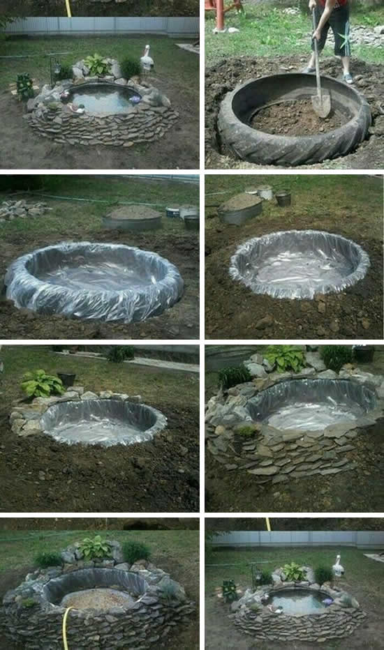 Lago de jardim passo a passo com pneu