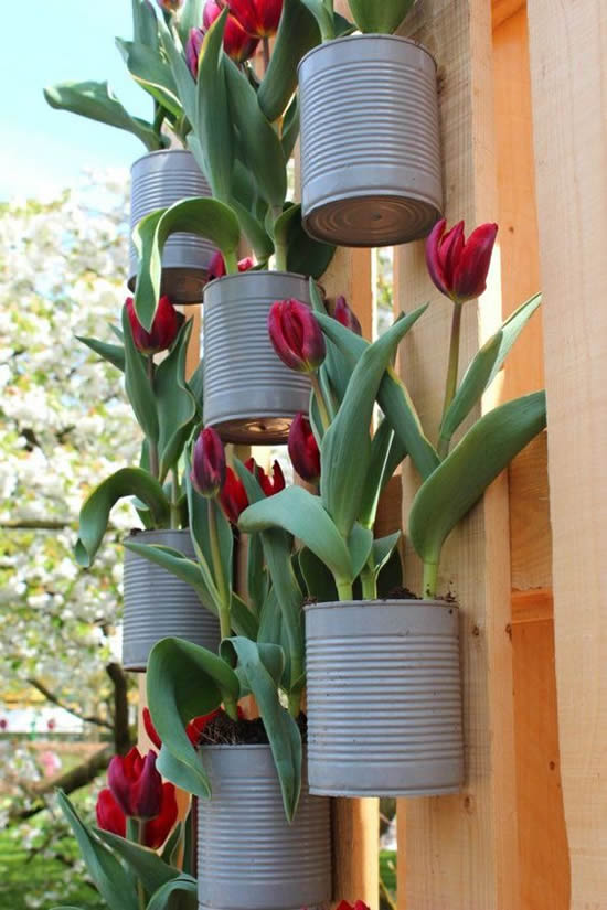 Decoração com jardim vertical de latas
