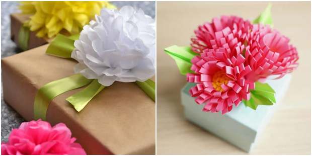 Presentes decorados com flores de papel