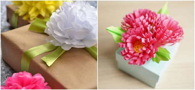 Presentes decorados com flores de papel