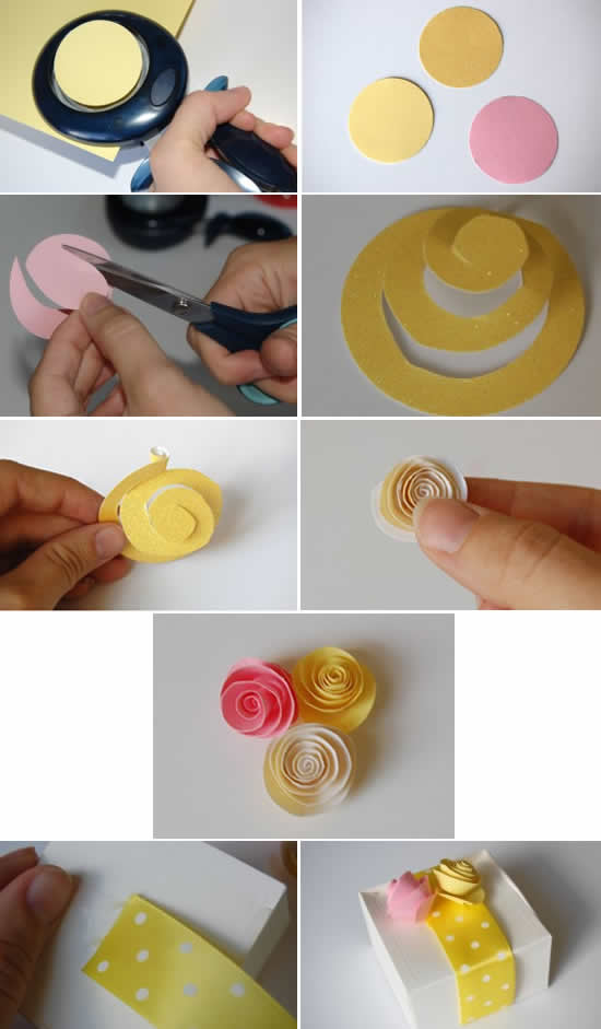 Decoração com flores de papel para presente