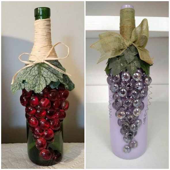 Garrafas decoradas com cacho de uvas
