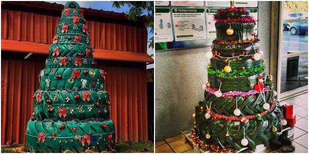 Árvores de Natal com pneus velhos para decoração