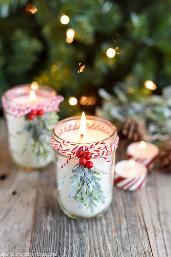 Velas enfeitadas para Natal em potes de vidro