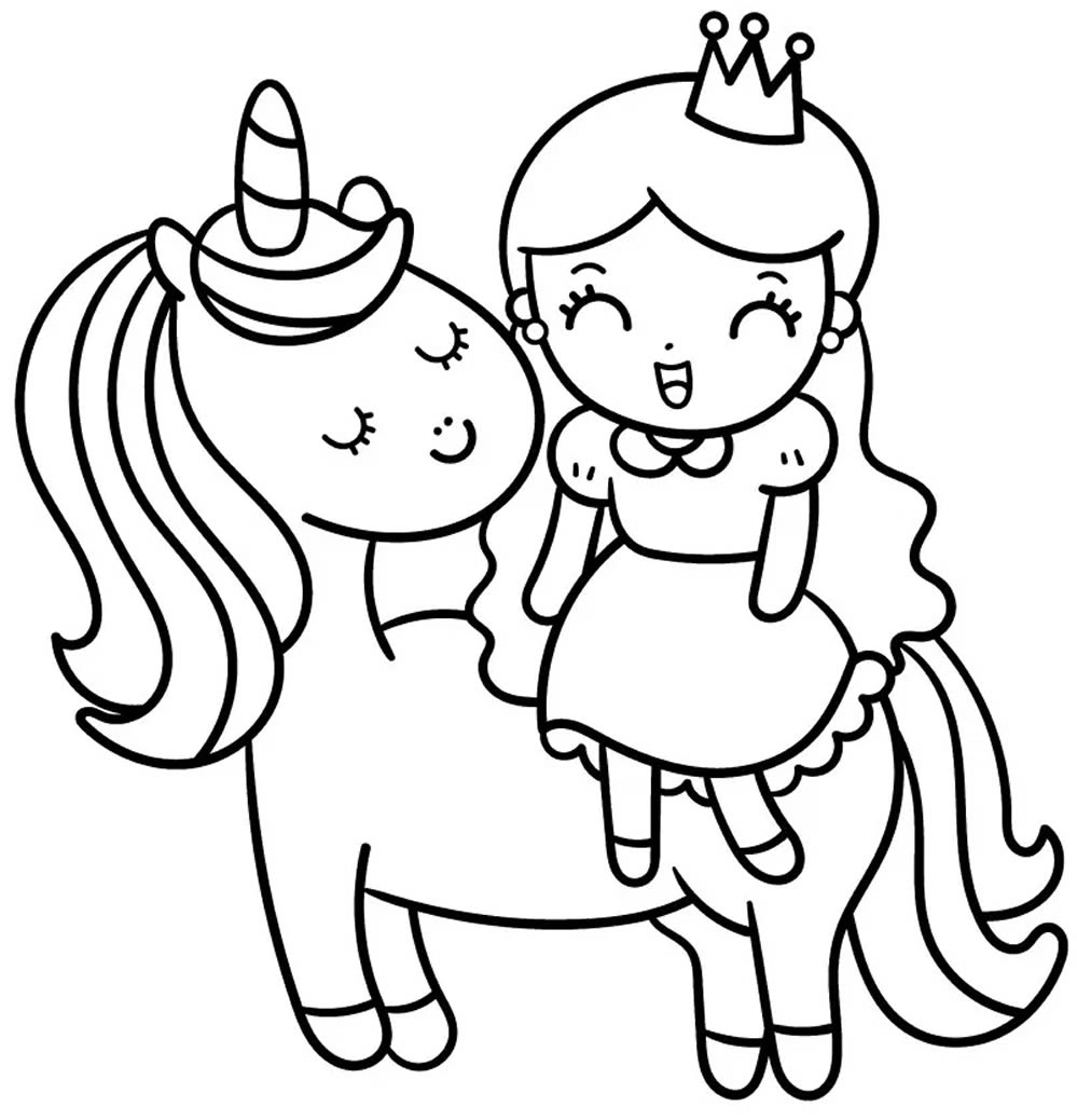 Desenho de Unicórnio e Princesa para pintar