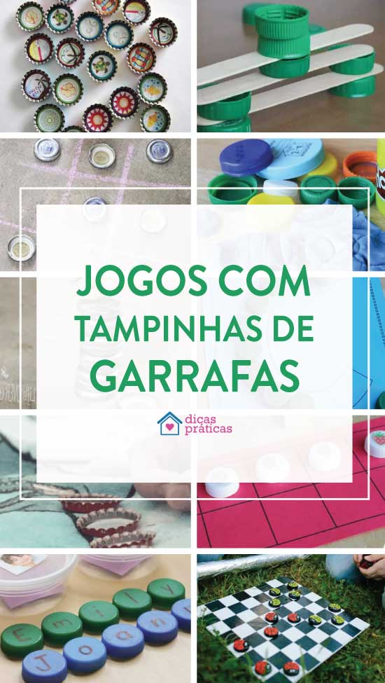 Jogo de damas com tampinhas e papelão.