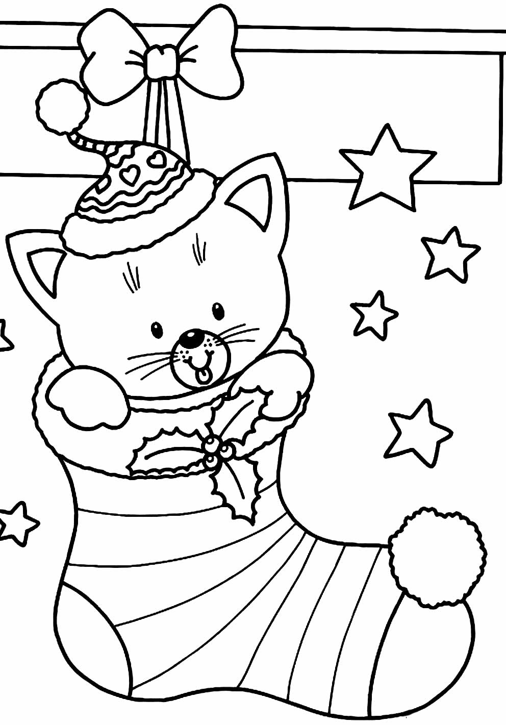 Desenho de gatinho de Natal para colorir