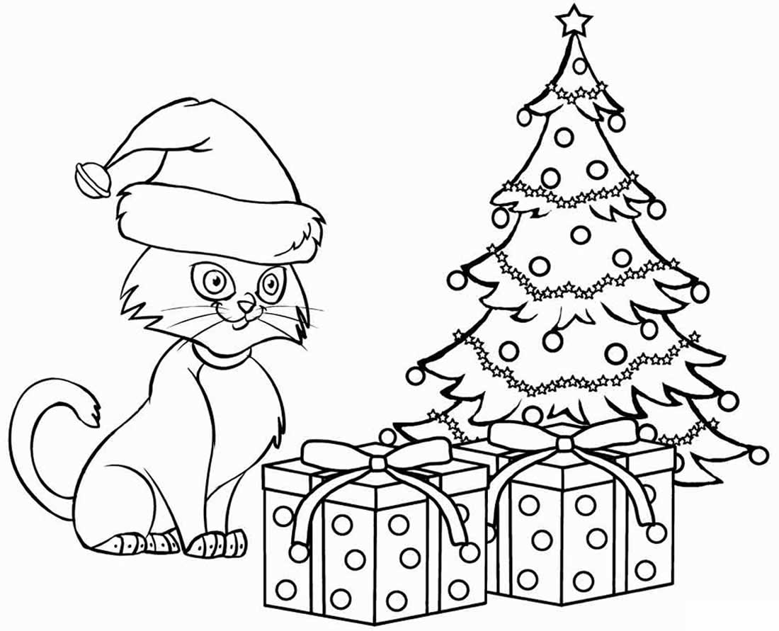 Desenho de Natal com gatinho para colorir