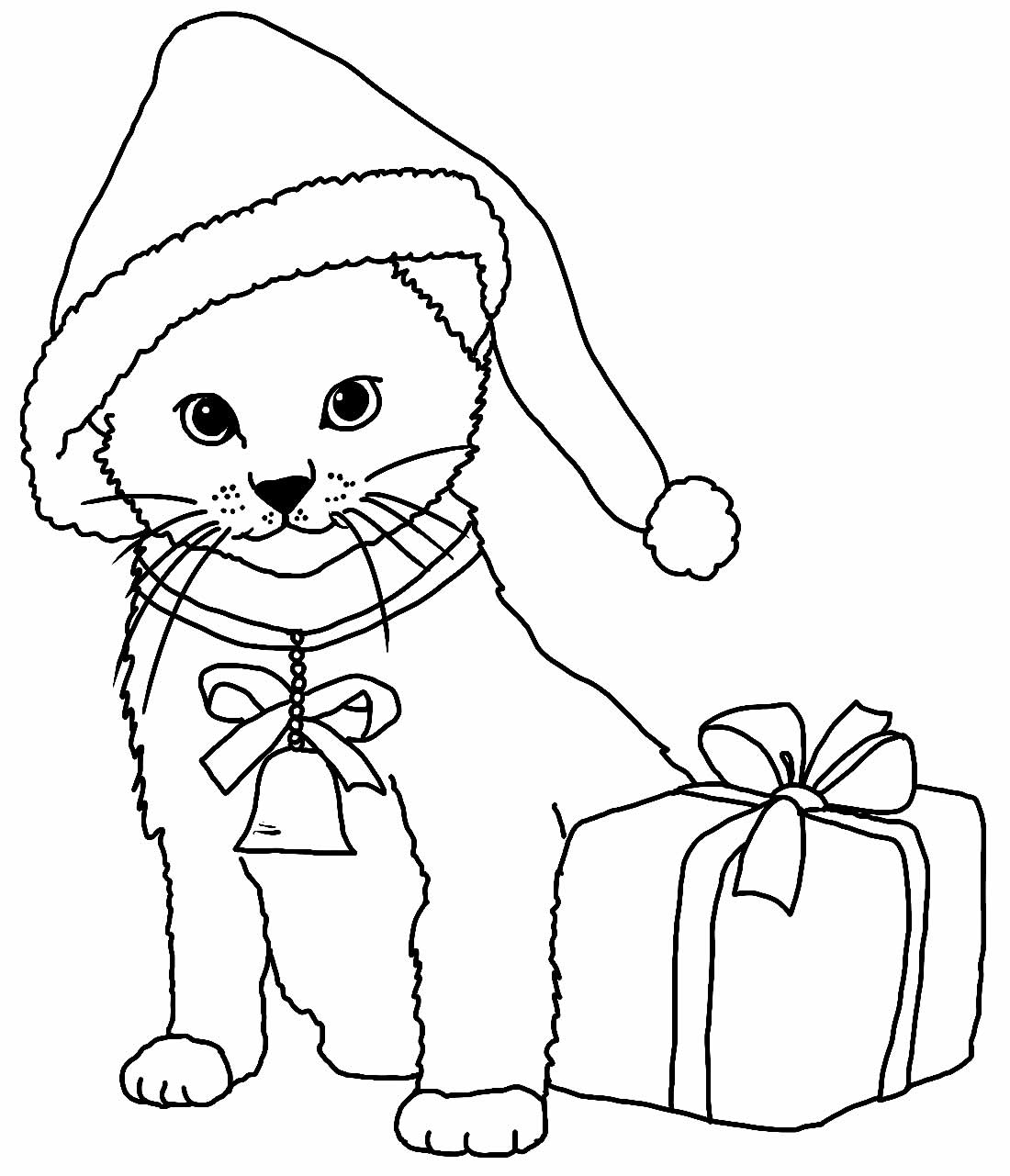 Desenho de Natal com gatinho para colorir