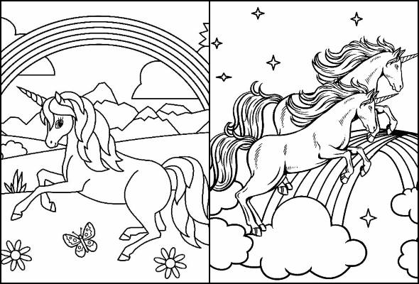 Desenhos de unicórnio e arco-íris para colorir