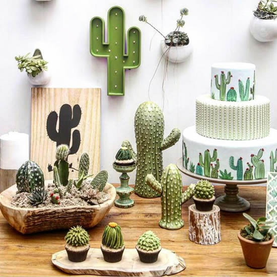 Decoração de festa com cactos e suculentas