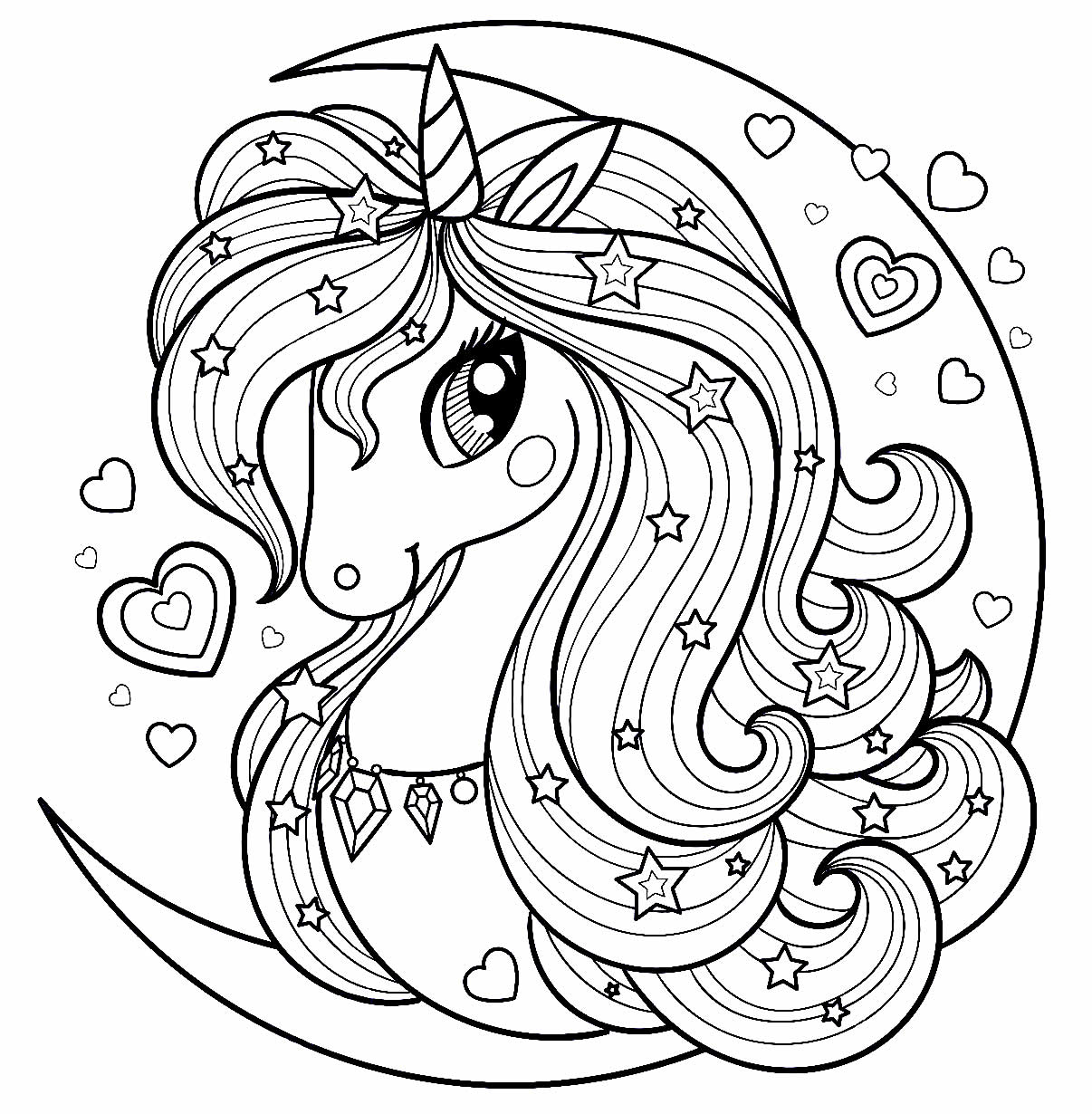 Desenho da Lua e Unicórnio para pintar