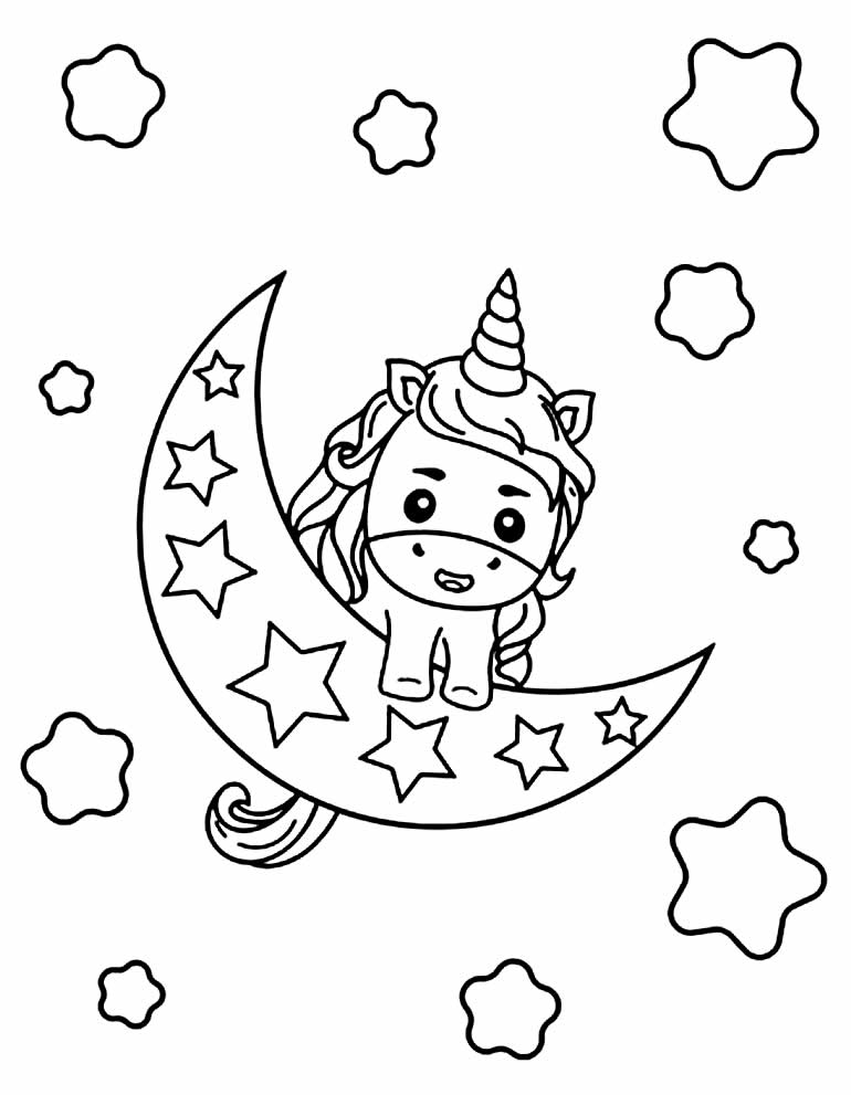 Desenho da Lua e Unicórnio para imprimir e colorir