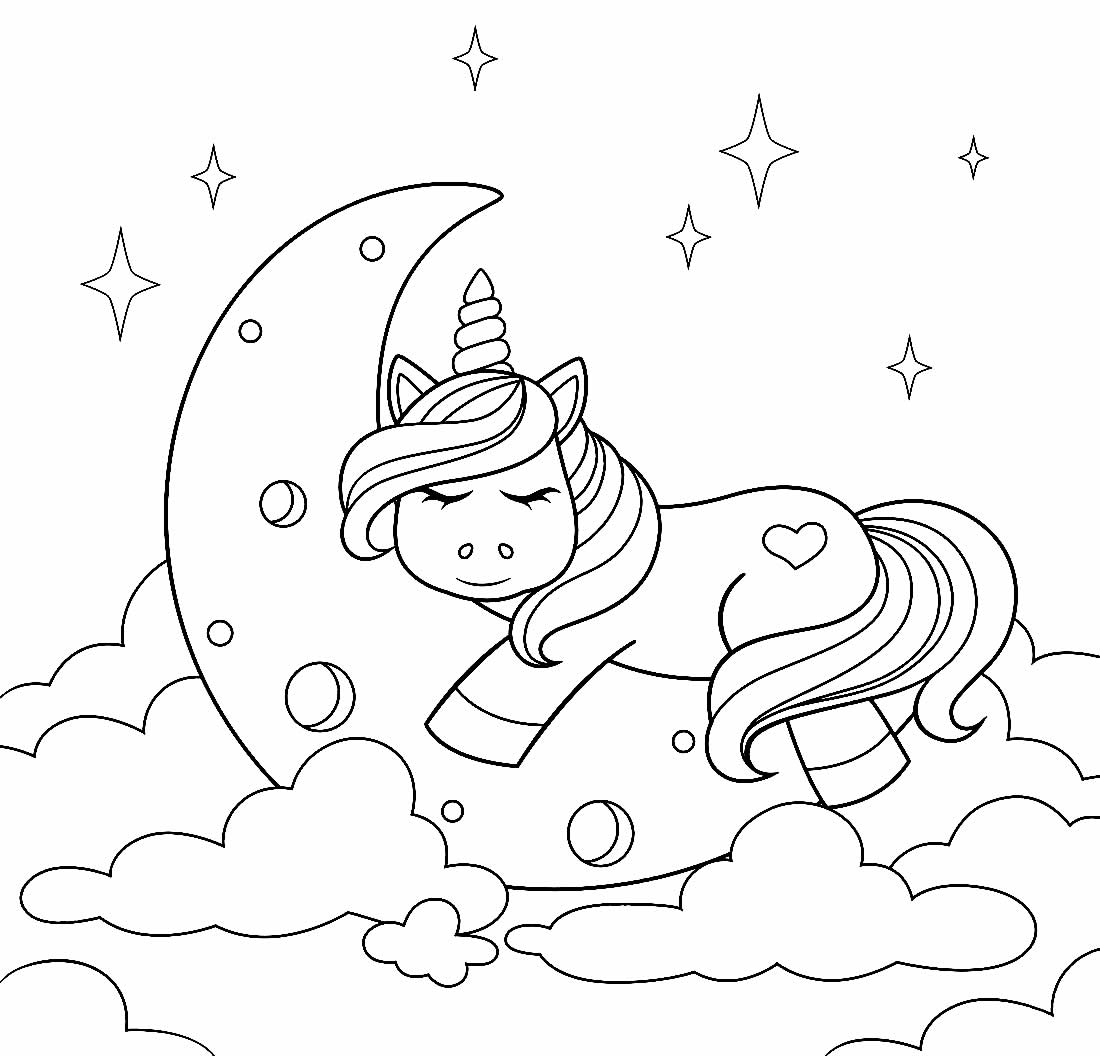 Desenho da Lua e Unicórnio para colorir