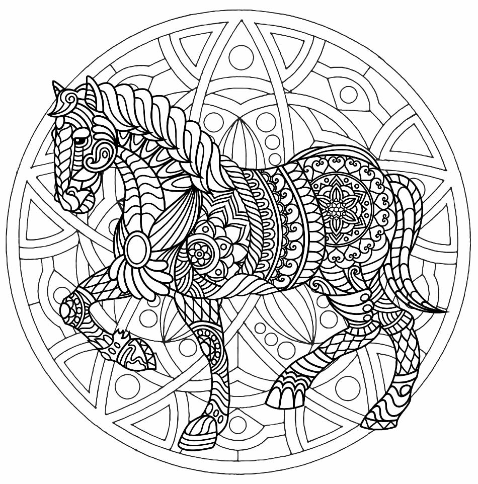 Desenho de Cavalo com Mandala para colorir