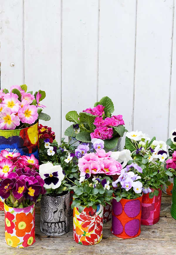 Jardim enfeitado com latas decoradas