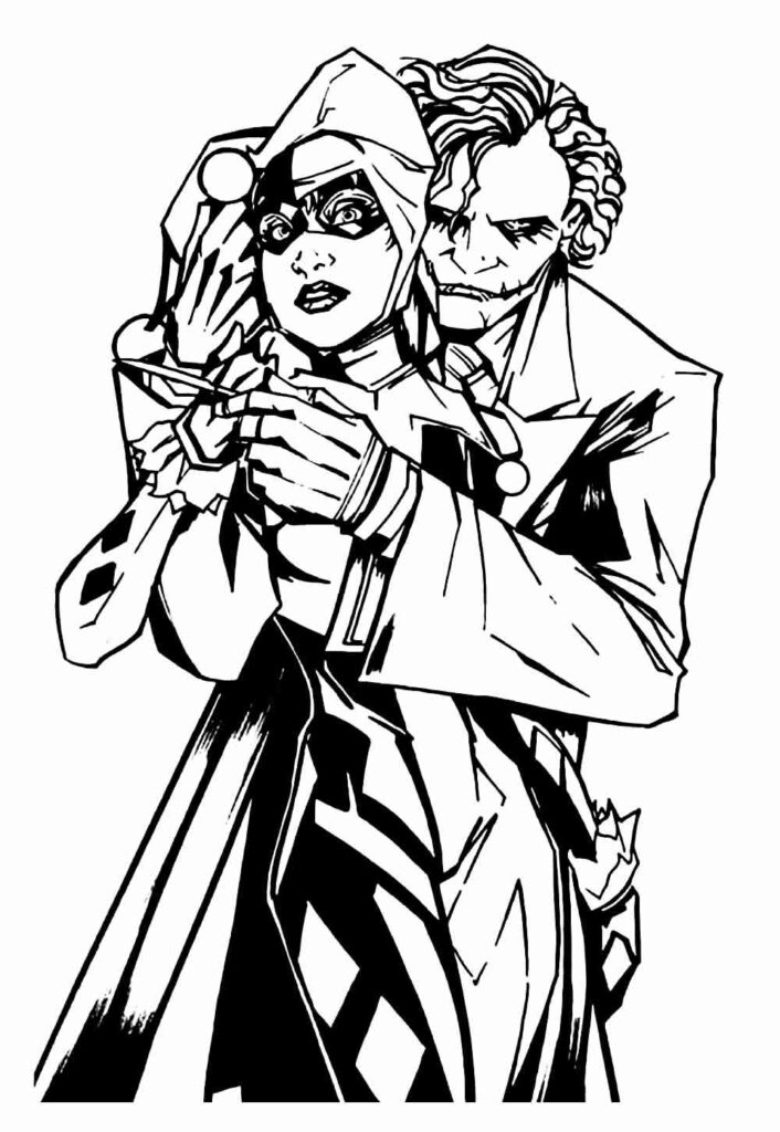 Desenho da Arlequina e Coringa para colorir