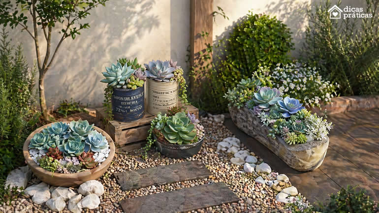 Arranjos com Suculentas no Jardim