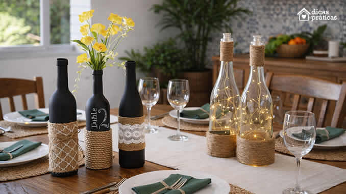 Decoração com Garrafas e Barbante de Sisal