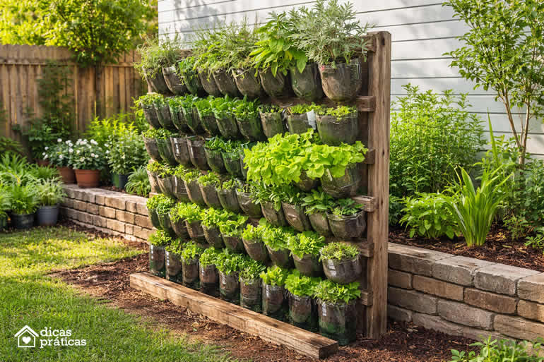 Horta Vertucal com Vasos de Garrafa PET