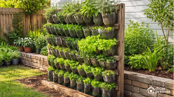 Horta Vertucal com Vasos de Garrafa PET