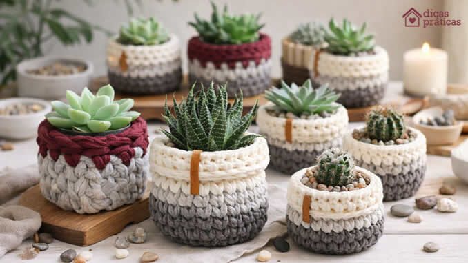 Decoração com Cachepô de Crochê