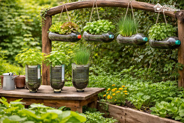 Decoração com Jardim Lindo e Horta com Garrafas PET