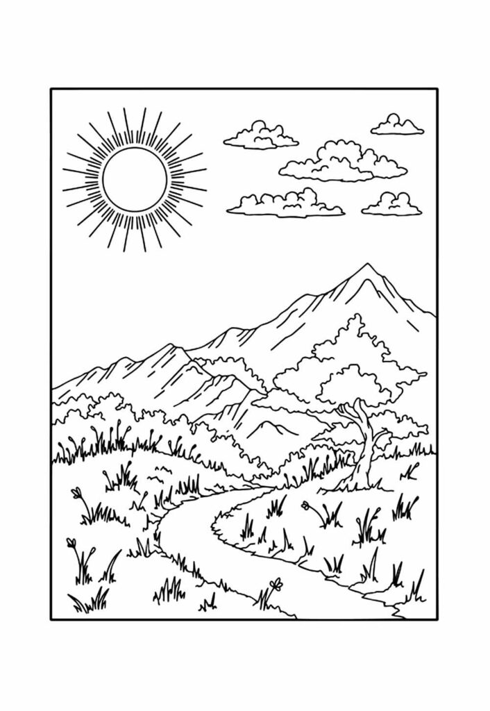 Desenho de Natureza - Sol, Nuvens e Montanhas