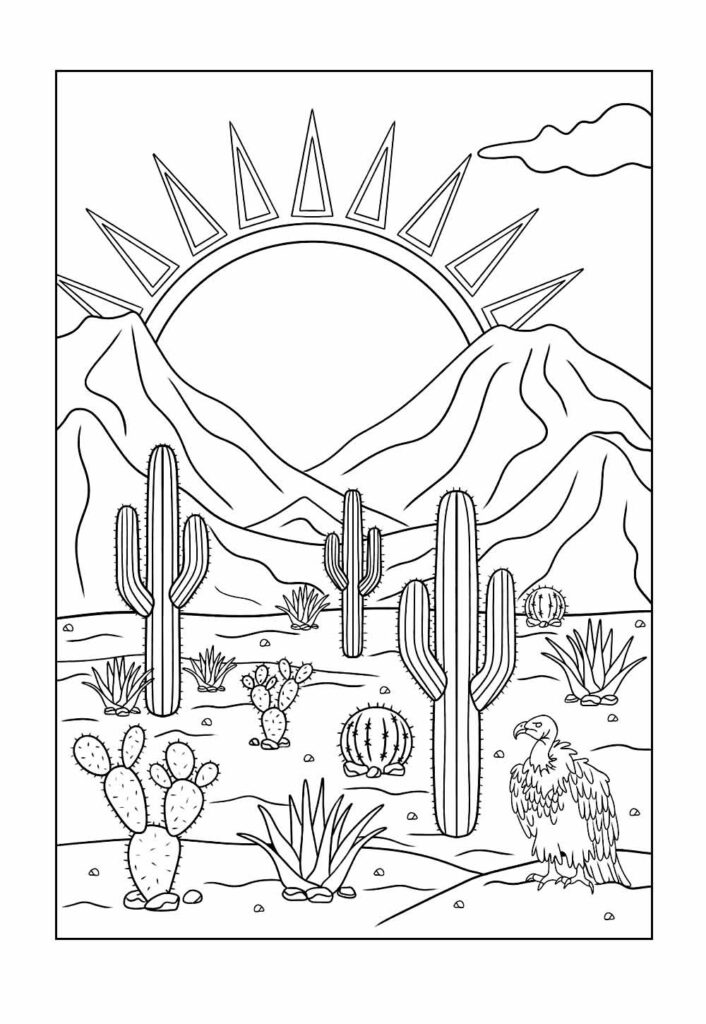 Desenho de Natureza - Sol, Cactos, Montanhas e Matos