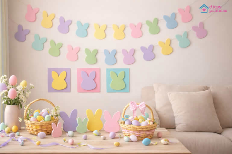 Guirlanda para Páscoa com Coelhinhos Coloridos